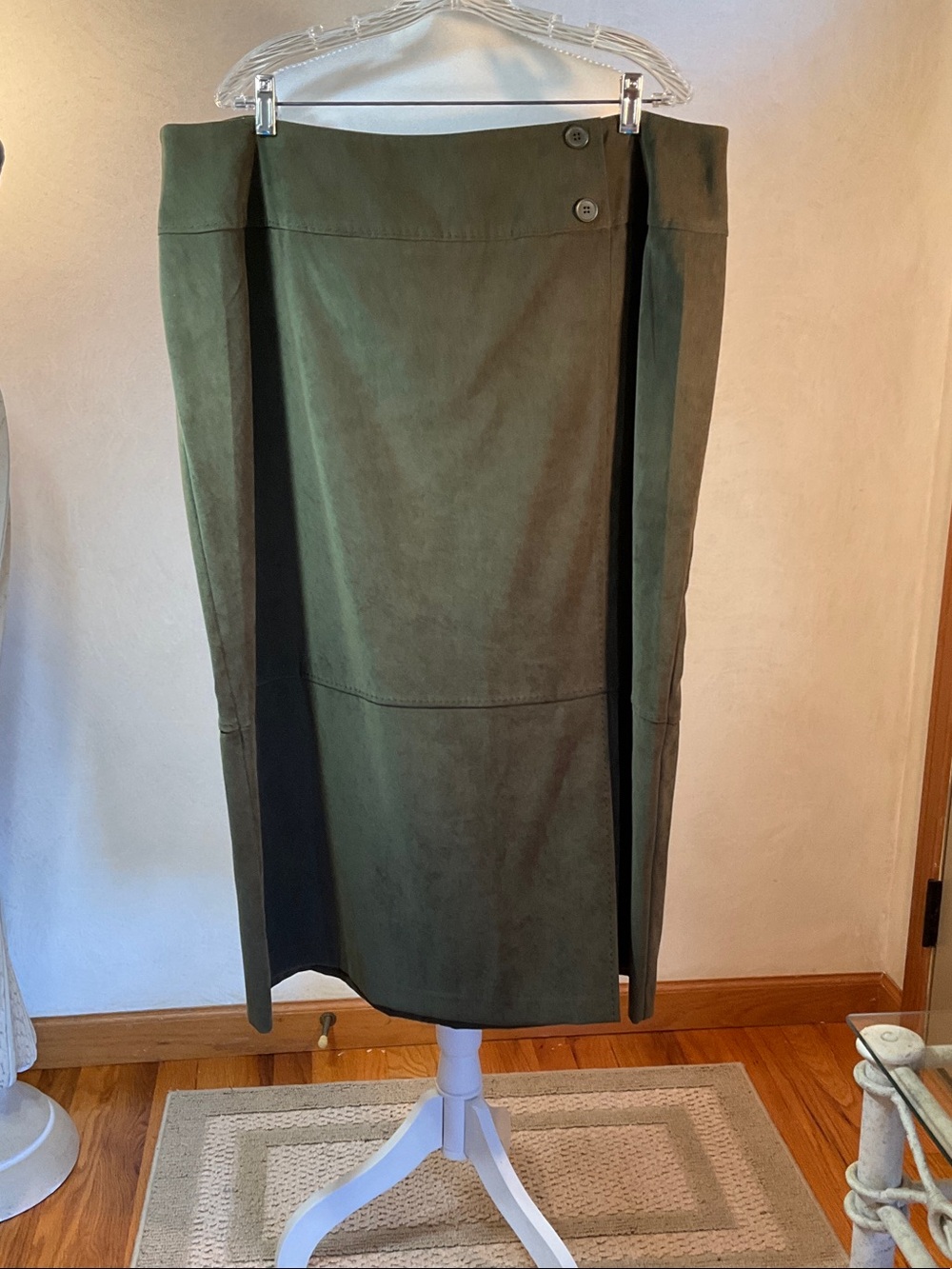 Olive Green Midi Skirt with Side Button Detail